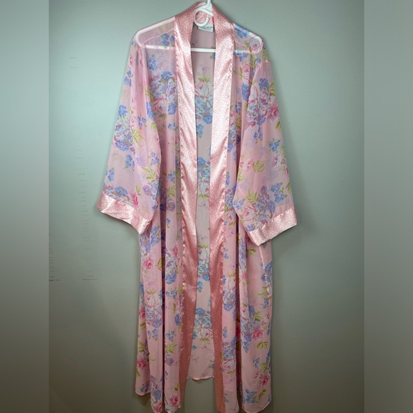 Jaclyn Smith Sheer Robe Kimono Size 3X Light Powder Pink w Blue Floral Print - Picture 7 of 10
